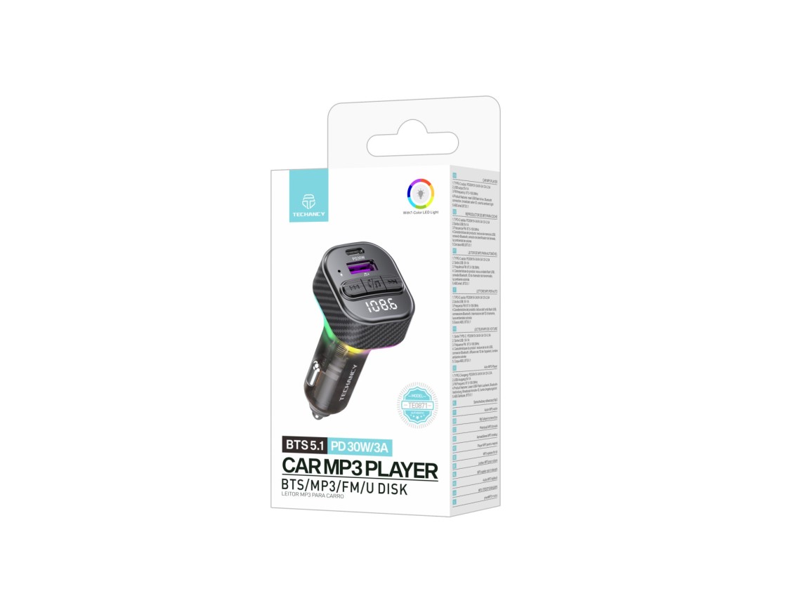 Techancy Leitor De Mp3 Para Autom�vel TE0871, Carregamento R�pido Pd De 30 W, Bluetooth 5.1, Leds A 