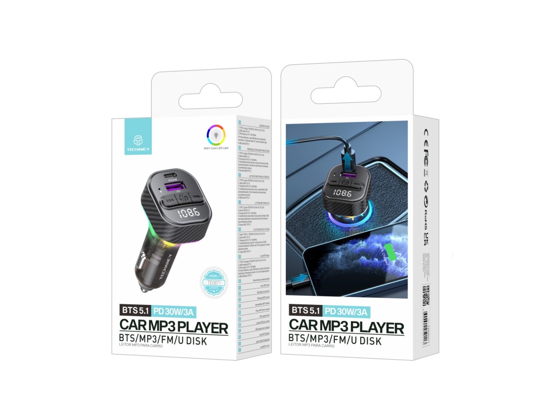 Techancy Leitor De Mp3 Para Autom�vel TE0871, Carregamento R�pido Pd De 30 W, Bluetooth 5.1, Leds A 