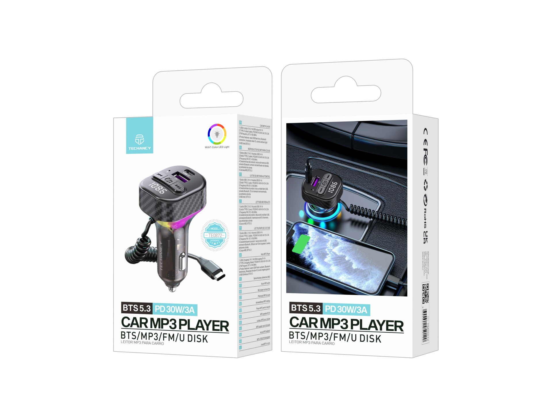 Techancy Leitor De Mp3 Para Automóvel TE0872, Carregamento Rápido Pd 30w, Bluetooth 5.3, Luzes Led C