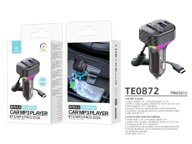 Techancy TE0872 Car MP3 Player, 30W PD Fast Charging, Bluetooth 5.3, Colorful LED Lights, USB-C Outp