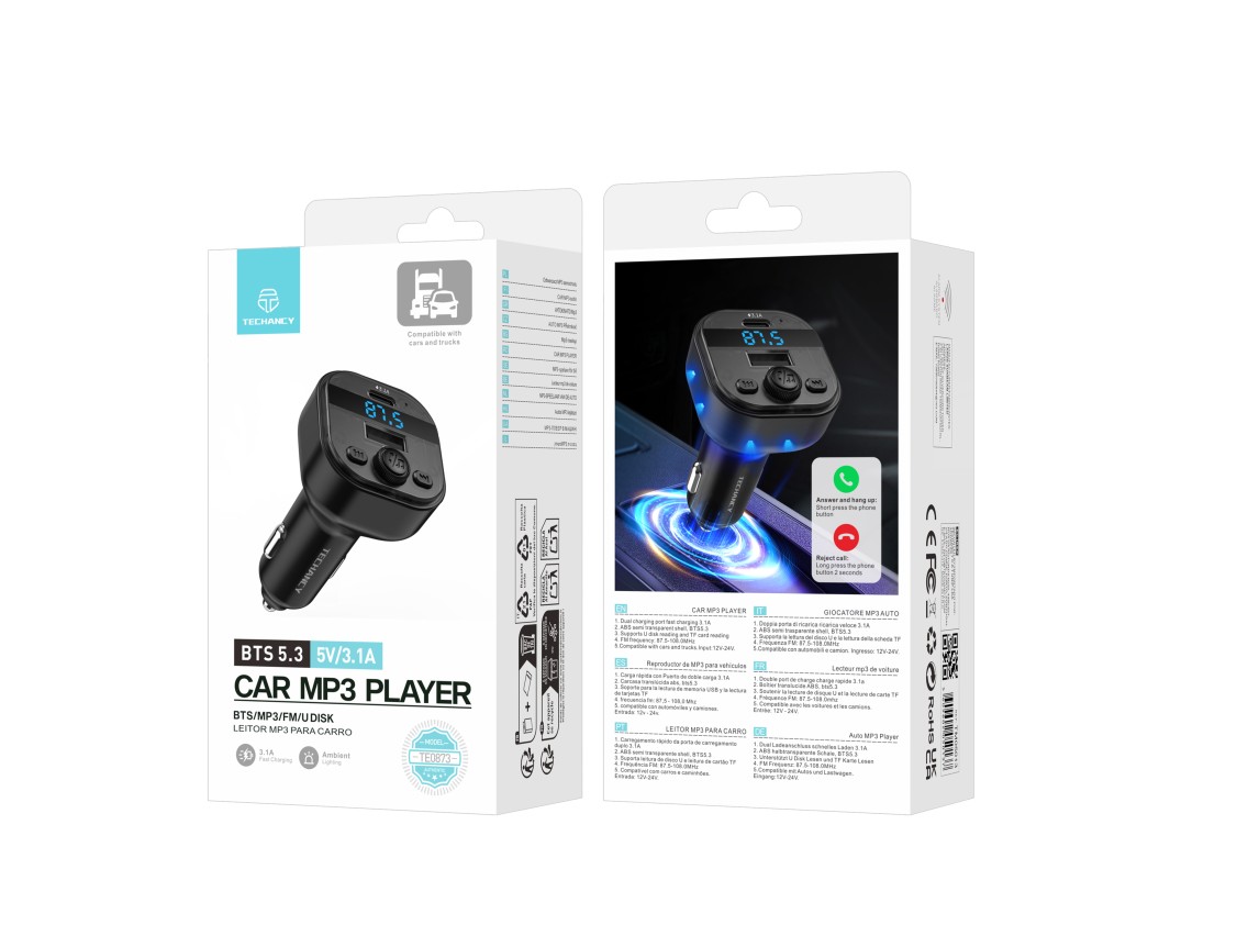 Techancy Leitor MP3 para Carro TE0873, Dupla Porta USB 3.1A, FM, U Disk, TF Card, Compativel 12V-24V
