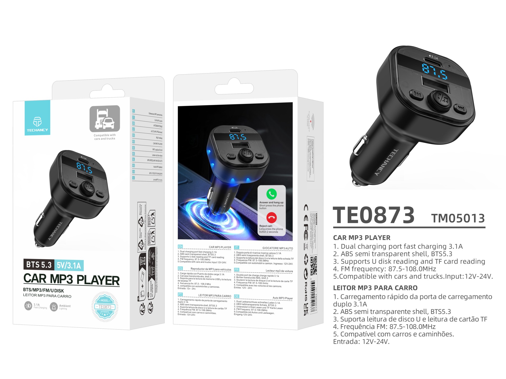 Techancy Leitor MP3 para Carro TE0873, Dupla Porta USB 3.1A, FM, U Disk, TF Card, Compativel 12V-24V