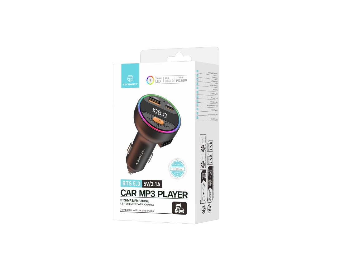 Techancy Car MP3 Player TE0874, PD30W+QC3.0, 7 Color Light, FM 87.5-108MHz, U Disk, Compatible 12-24
