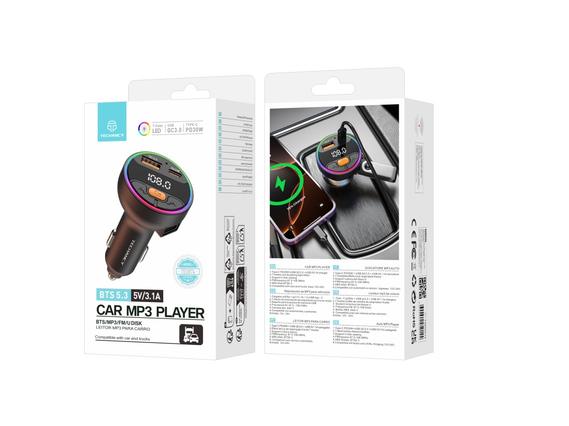 Techancy Car MP3 Player TE0874, PD30W+QC3.0, 7 Color Light, FM 87.5-108MHz, U Disk, Compatible 12-24