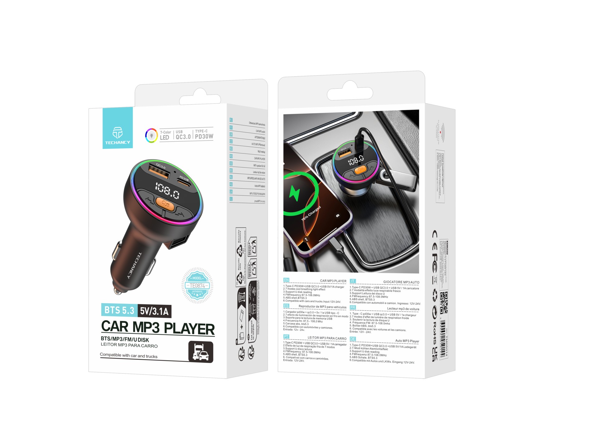 Techancy Car MP3 Player TE0874, PD30W+QC3.0, 7 Color Light, FM 87.5-108MHz, U Disk, Compatible 12-24