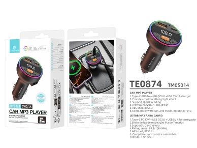 Techancy Leitor MP3 Carro TE0874, PD30W+QC3.0, luz 7 cores, FM 87.5-108MHz, U Disk, Compativel 12-24