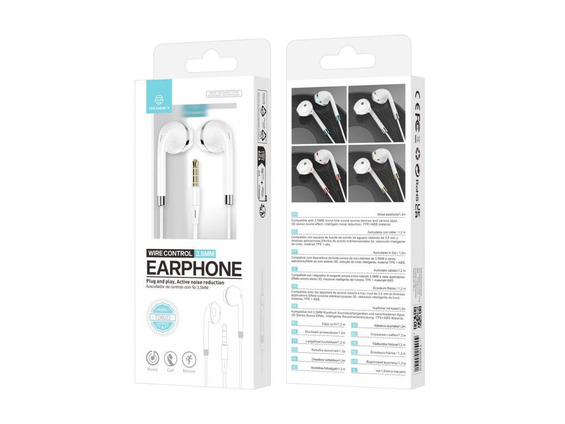 Techancy Fone de ouvido com fio TD8023, plugue 3,5 mm, controle no fio, microfone HD, cabo 1,2m