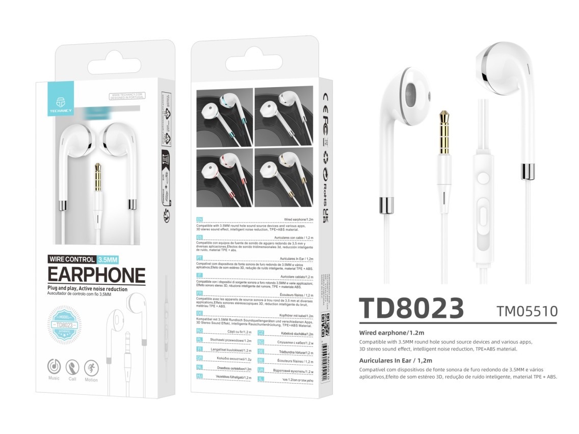 Techancy Fone de ouvido com fio TD8023, plugue 3,5 mm, controle no fio, microfone HD, cabo 1,2m