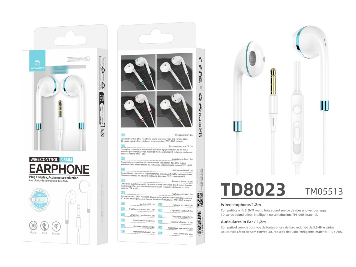 Techancy Fone de ouvido com fio TD8023, plugue 3,5 mm, controle no fio, microfone HD, cabo 1,2m