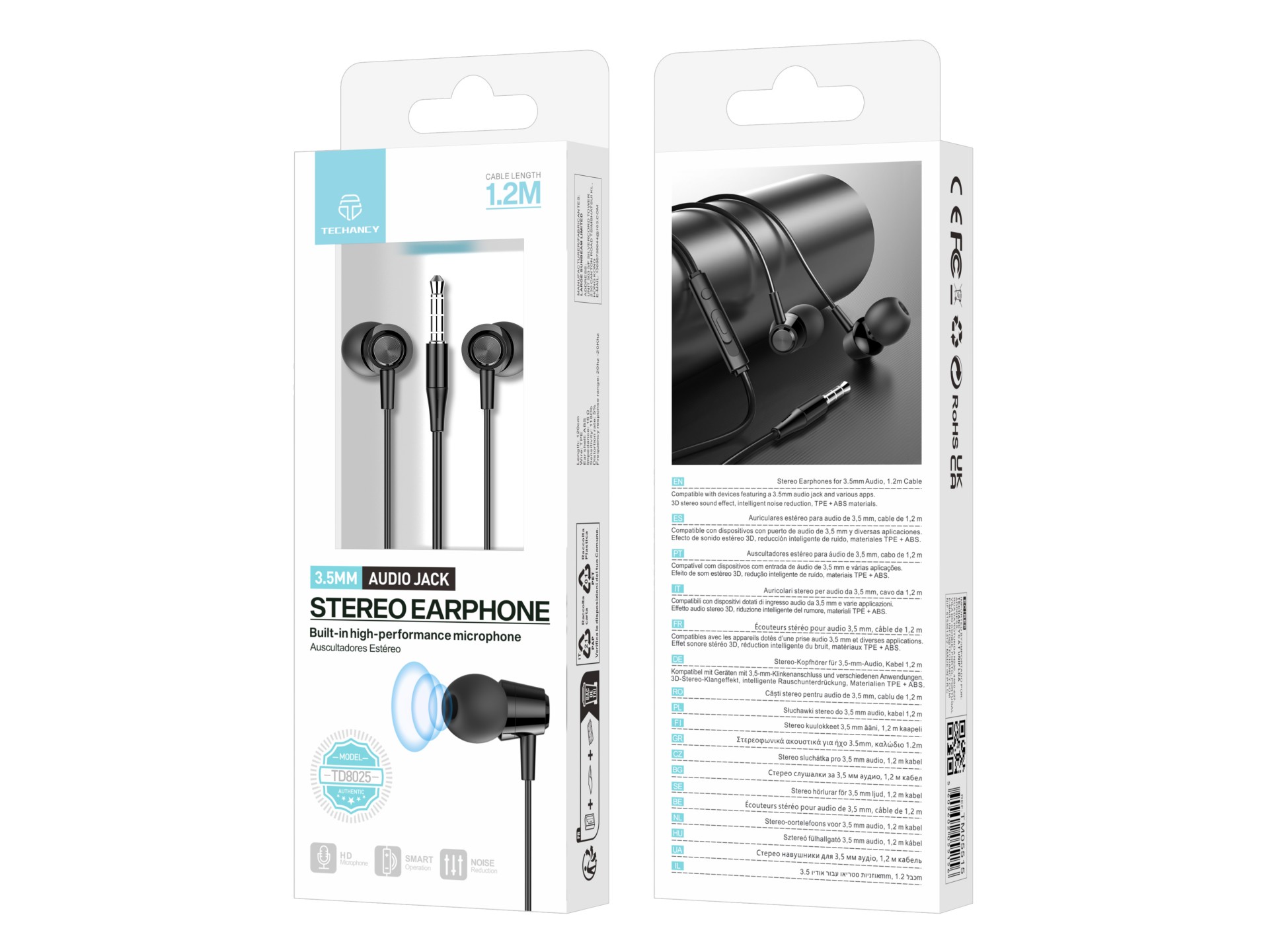 Techancy Auriculares Intra TD8025 Fio 3.5mm Estereo com Microfone Cabo 1.2M Cancelamento Ruido Som H