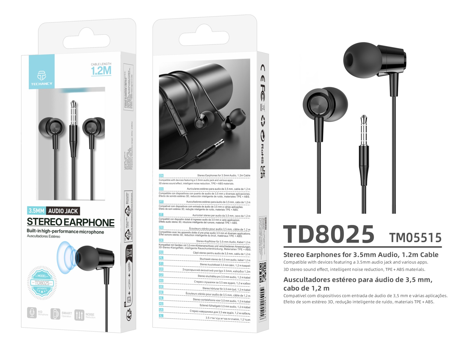 Techancy Auriculares Intra TD8025 Fio 3.5mm Estereo com Microfone Cabo 1.2M Cancelamento Ruido Som H