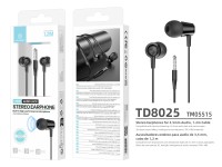 Techancy Auriculares Intra TD8025 Fio 3.5mm Estereo com Microfone Cabo 1.2M Cancelamento Ruido Som H