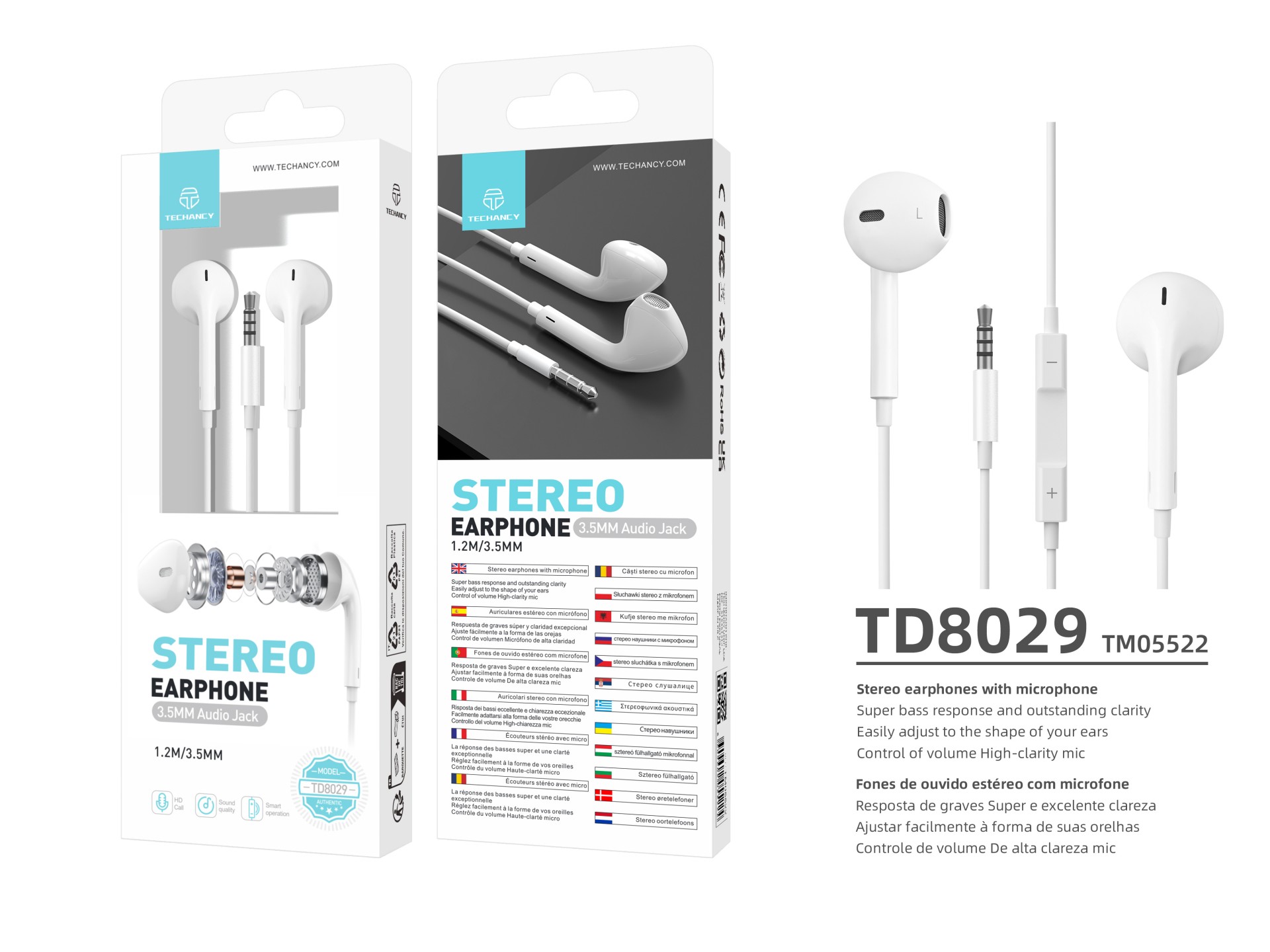 Techancy Auscultadores Intra-Auriculares Brancos 1,2 M TD8029, Com Controlo De Volume Do Microfone,