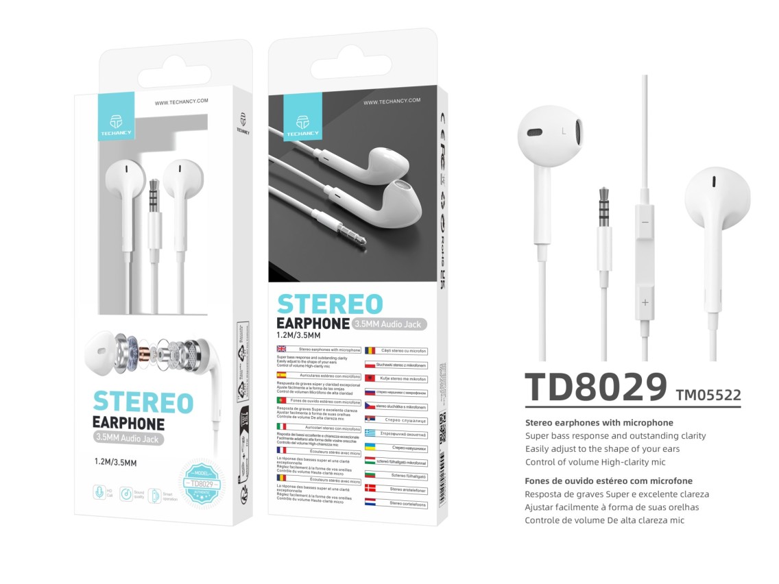 Techancy Auscultadores Intra-Auriculares Brancos 1,2 M TD8029, Com Controlo De Volume Do Microfone,
