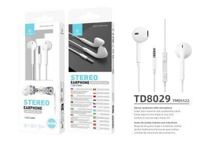 Techancy TD8029 White In-Ear Headphones 1.2m, With Microphone Volume Control, 3.5mm Jack