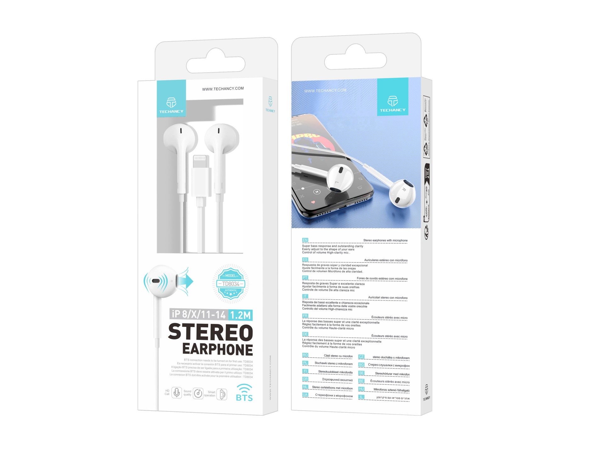 Techancy TD8034 Stereo Headphones for iPhone 8/X/11-14, White, with Microphone, Powerful Bass and Vo