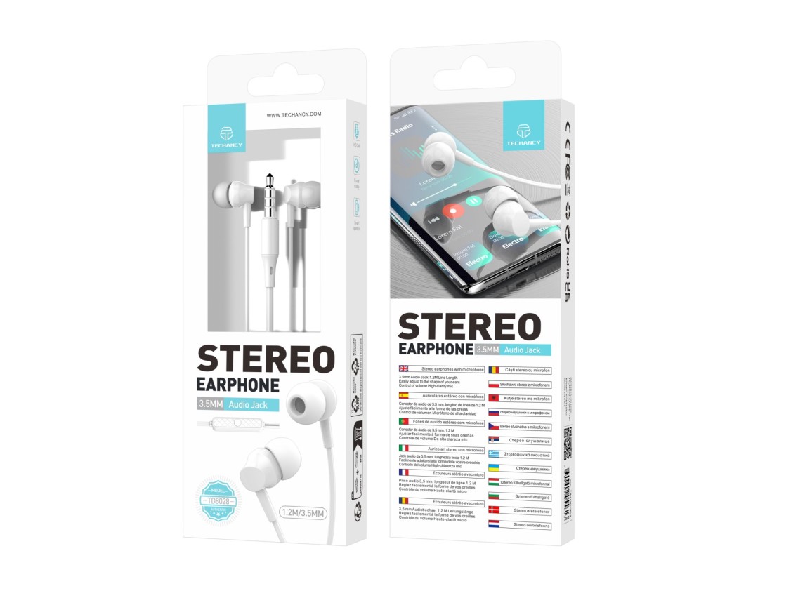 Techancy Auscultadores Intra-Auriculares Pretos 1,2 M TD8029, Com Controlo De Volume Do Microfone, C