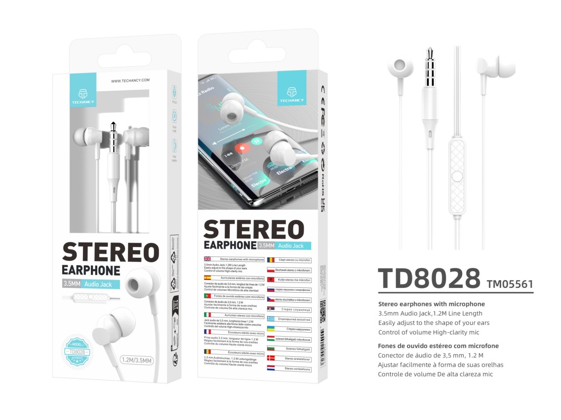 Techancy Auscultadores Intra-Auriculares Pretos 1,2 M TD8029, Com Controlo De Volume Do Microfone, C