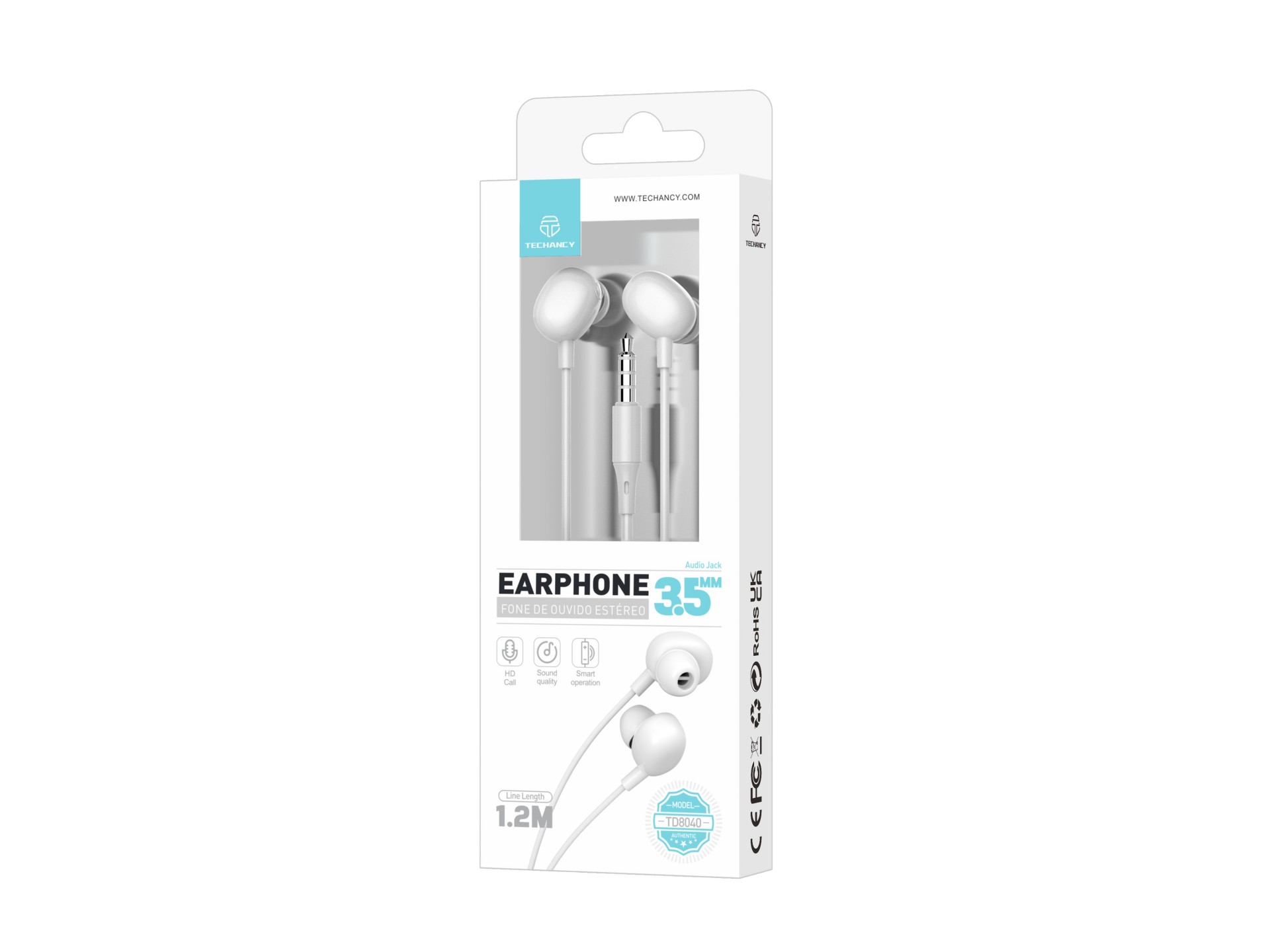 Techancy Auricular Com Fios De 3,5 Mm Branco TD8040, Auricular Com Função De Microfone, Compatível C