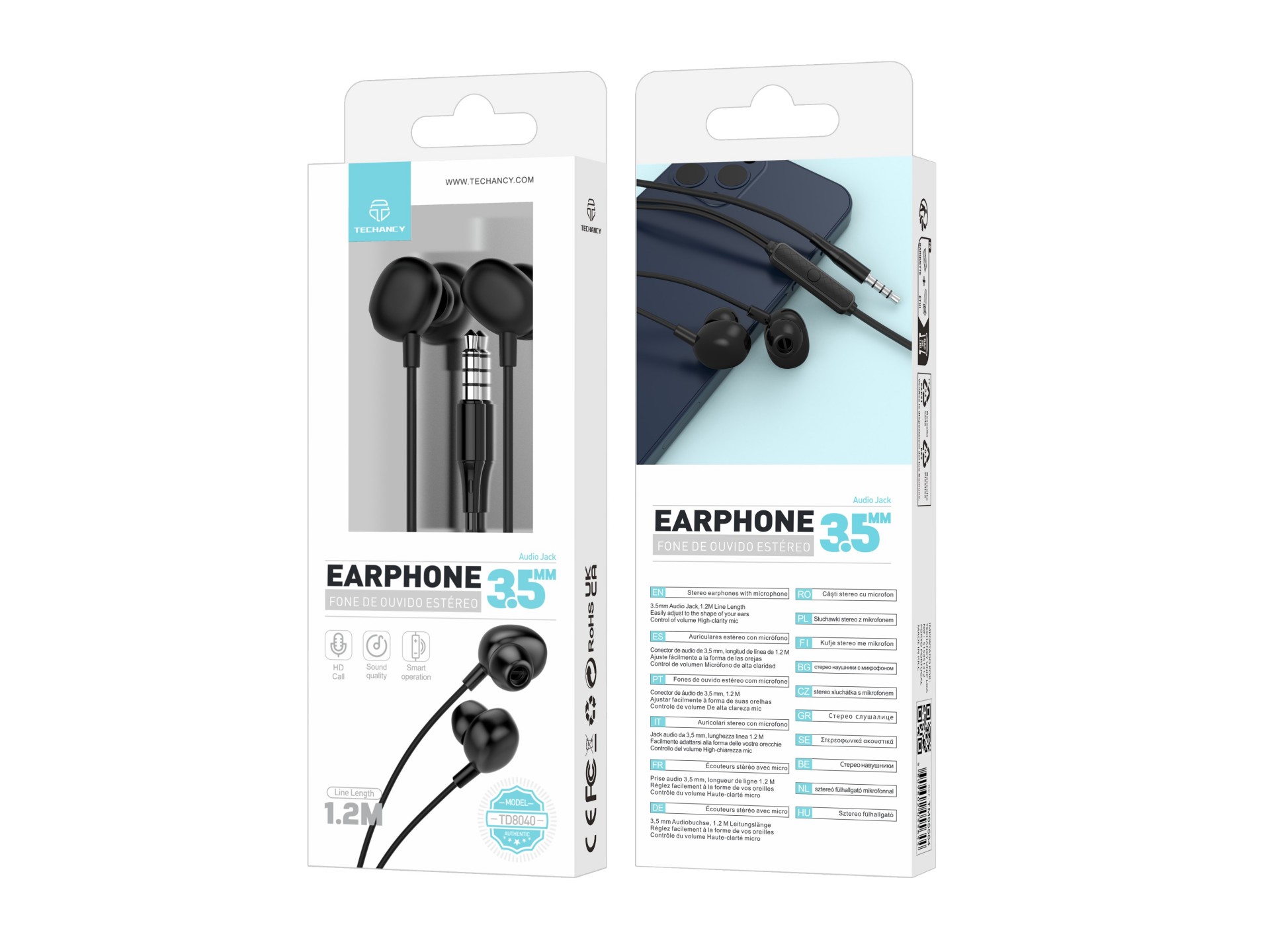 Techancy 3.5mm Wired Headset Black TD8040, Headset with Microphone Function, Compatible with Mobile