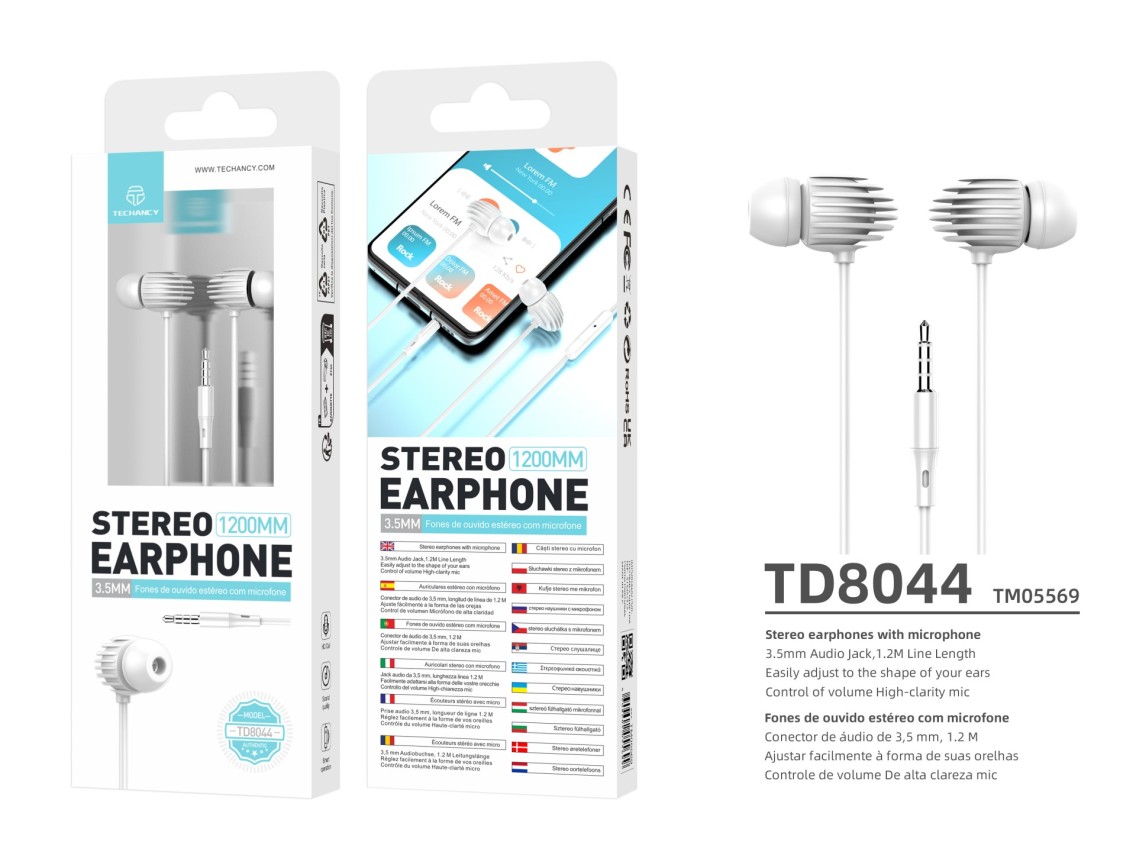 Techancy Auricular Com Fio Branco TD8044, 3,5 Mm Para Conversação Com Microfone, Compatível Com Som