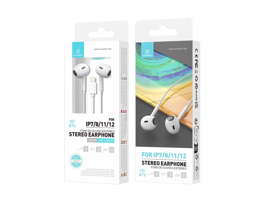 Techancy Auricular Est�reo Lightning Branco  TD8047, Com Microfone, Controlo Do Volume De Chamadas, 
