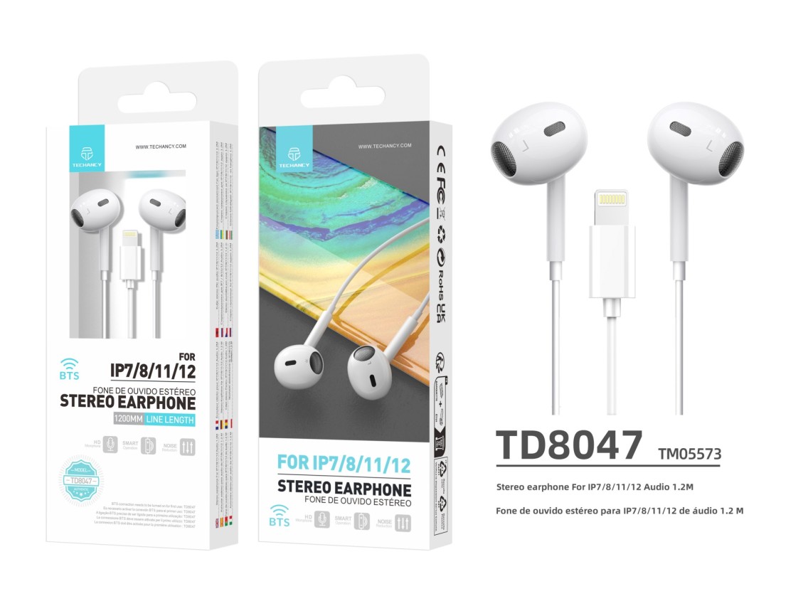 Techancy Auricular Est�reo Lightning Branco  TD8047, Com Microfone, Controlo Do Volume De Chamadas, 