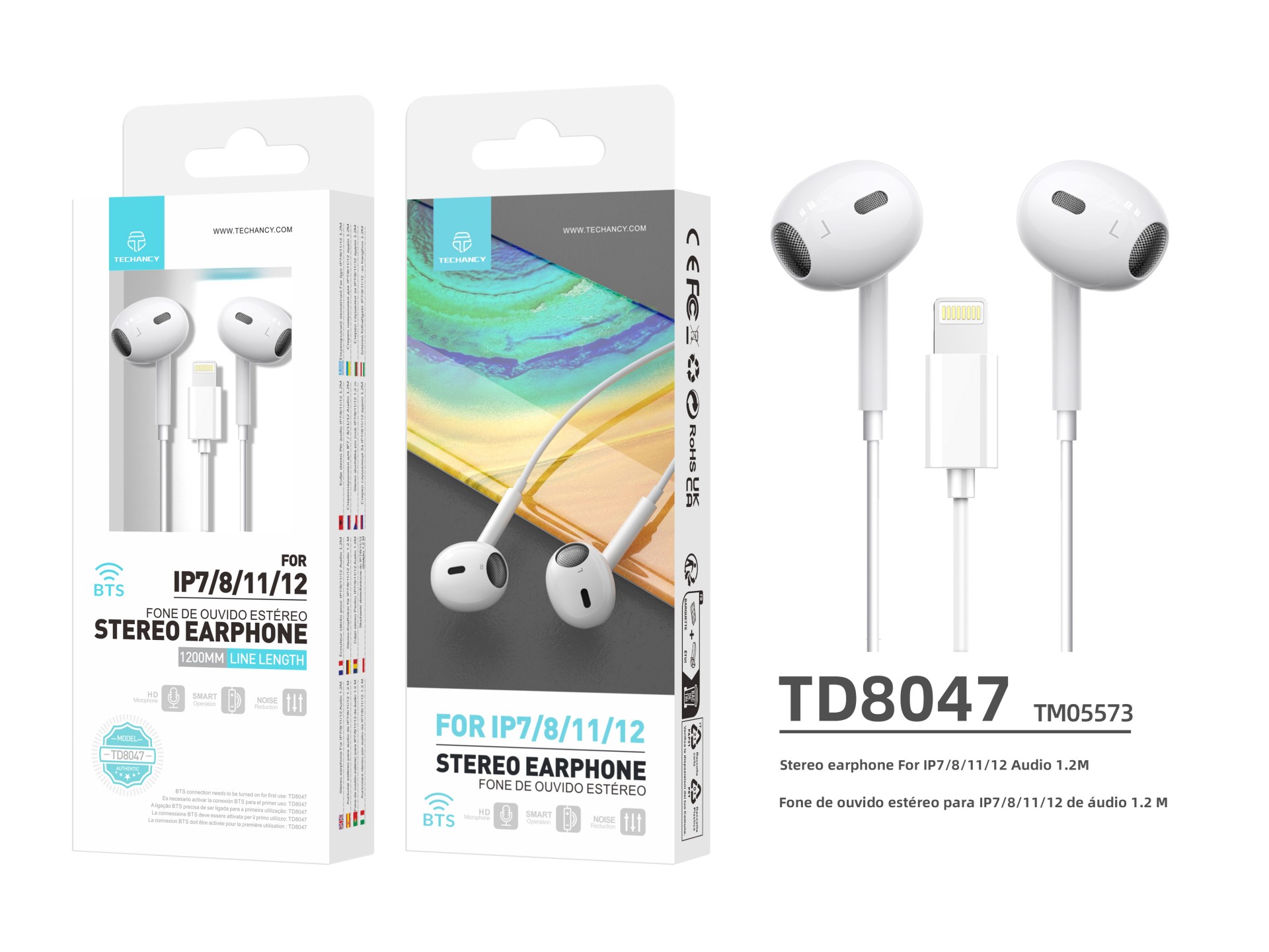 Techancy Auricular Estéreo Lightning Branco TD8047, Com Microfone, Controlo Do Volume De Chamadas,