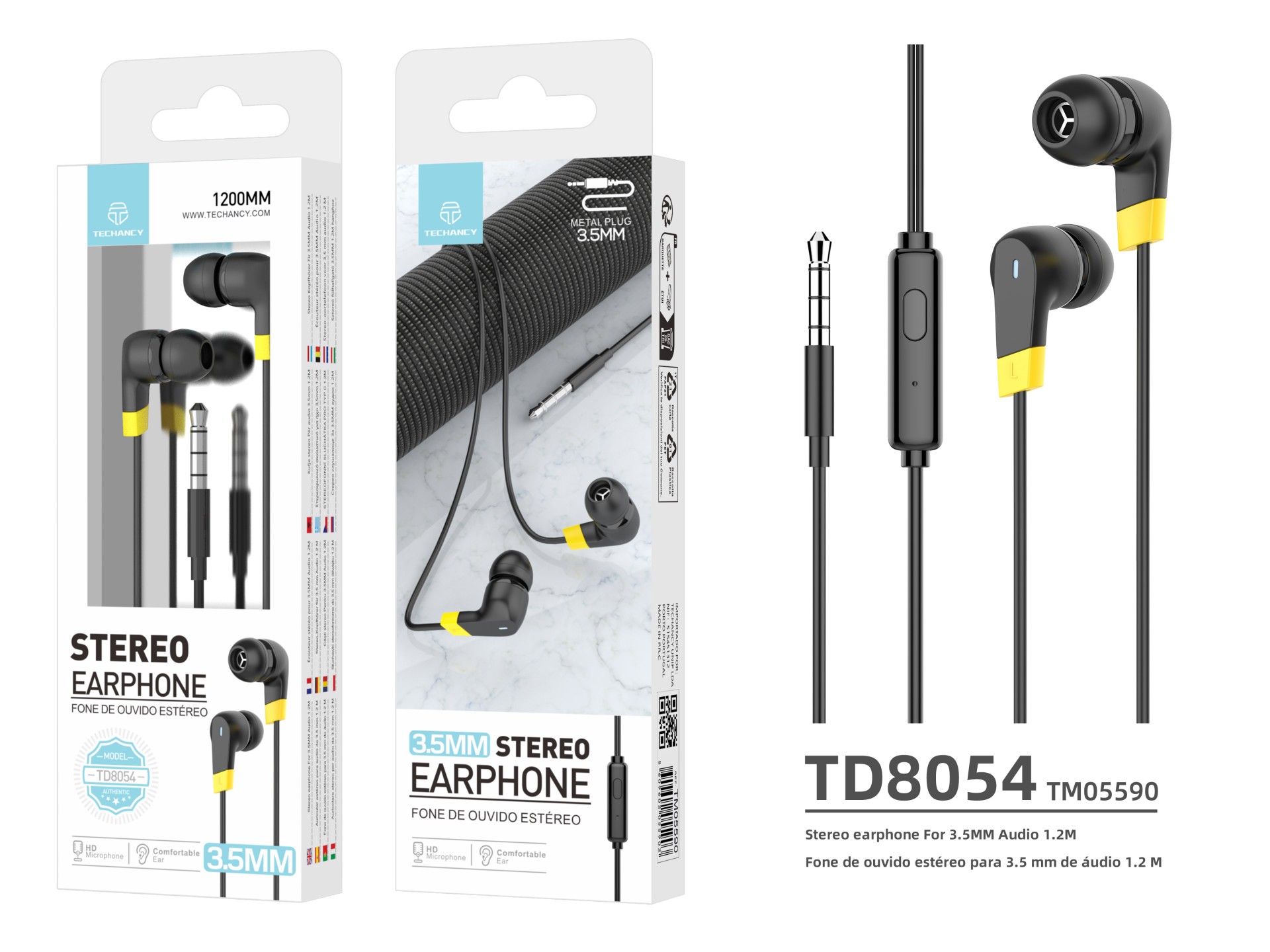 Techancy TD8054 Stereo Headset, 1.2 Meters, 3.5mm, Clear Sound Quality, Comfortable to Wear, Black