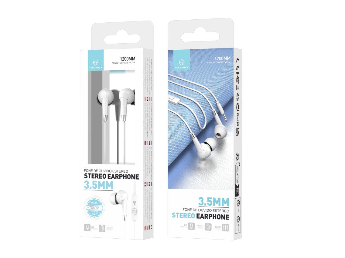 Techancy In-Ear Headphones with White Wires 1.2 M TD8056, 3.5 Mm Jack Compatible with Mobile Phones/