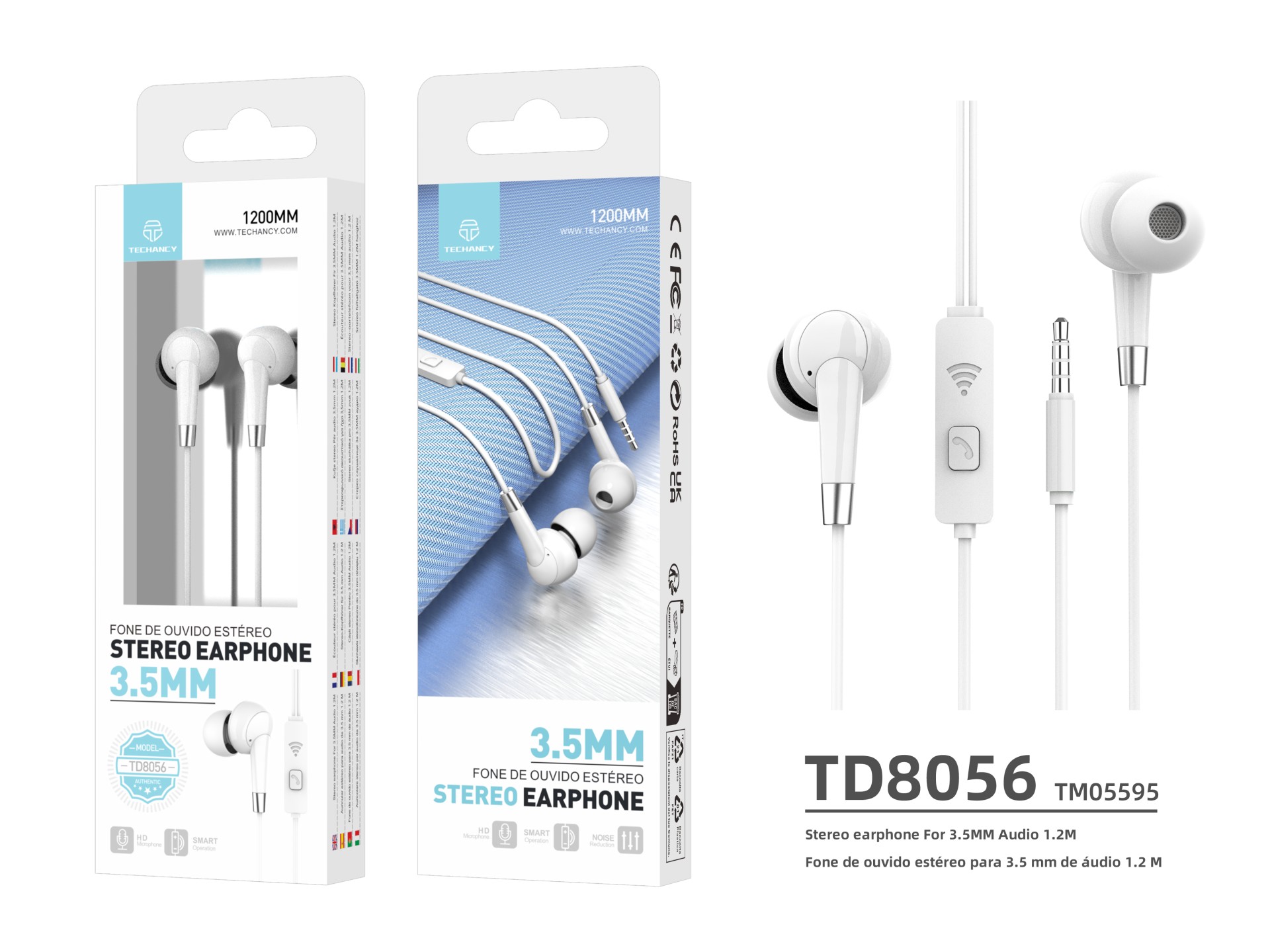 Techancy Auscultadores Intra-Auriculares Com Fios Brancos 1,2 M TD8056, Tomada De 3,5 Mm Compatível