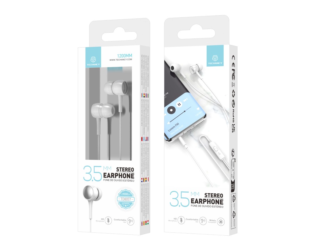Techancy In-Ear Headphones with White Wires 1.2 M TD8057, 3.5 Mm Jack Compatible with Mobile Phones/
