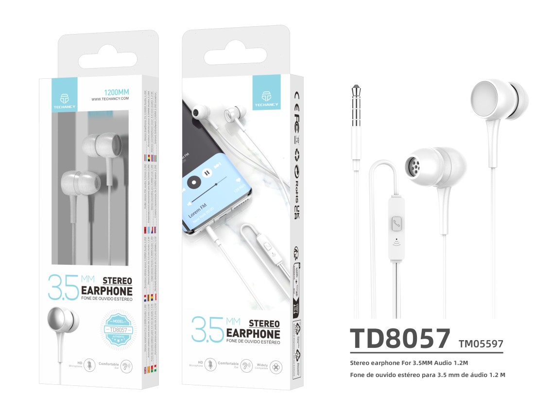 Techancy In-Ear Headphones with White Wires 1.2 M TD8057, 3.5 Mm Jack Compatible with Mobile Phones/