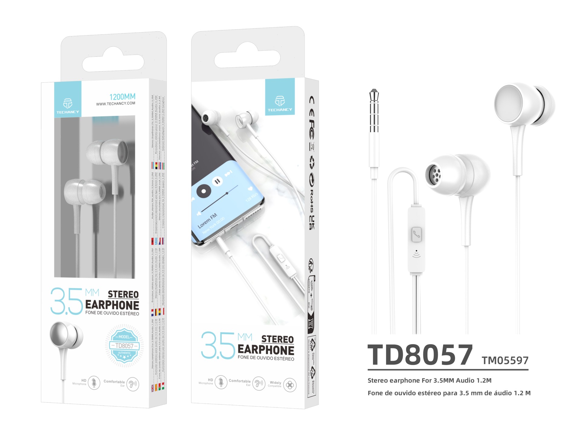 Techancy In-Ear Headphones with White Wires 1.2 M TD8057, 3.5 Mm Jack Compatible with Mobile Phones/