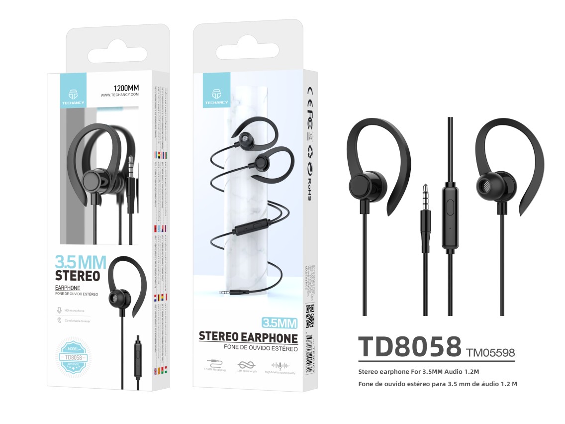 Techancy Auriculares stereo 3.5MM TD8058 cabo 1.2M com microfone confortavel som alta fidelidade Pre