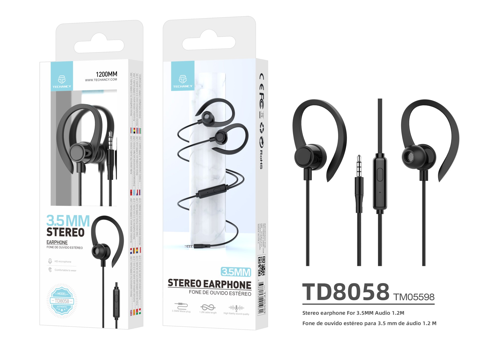 Techancy Auriculares stereo 3.5MM TD8058 cabo 1.2M com microfone confortavel som alta fidelidade Pre