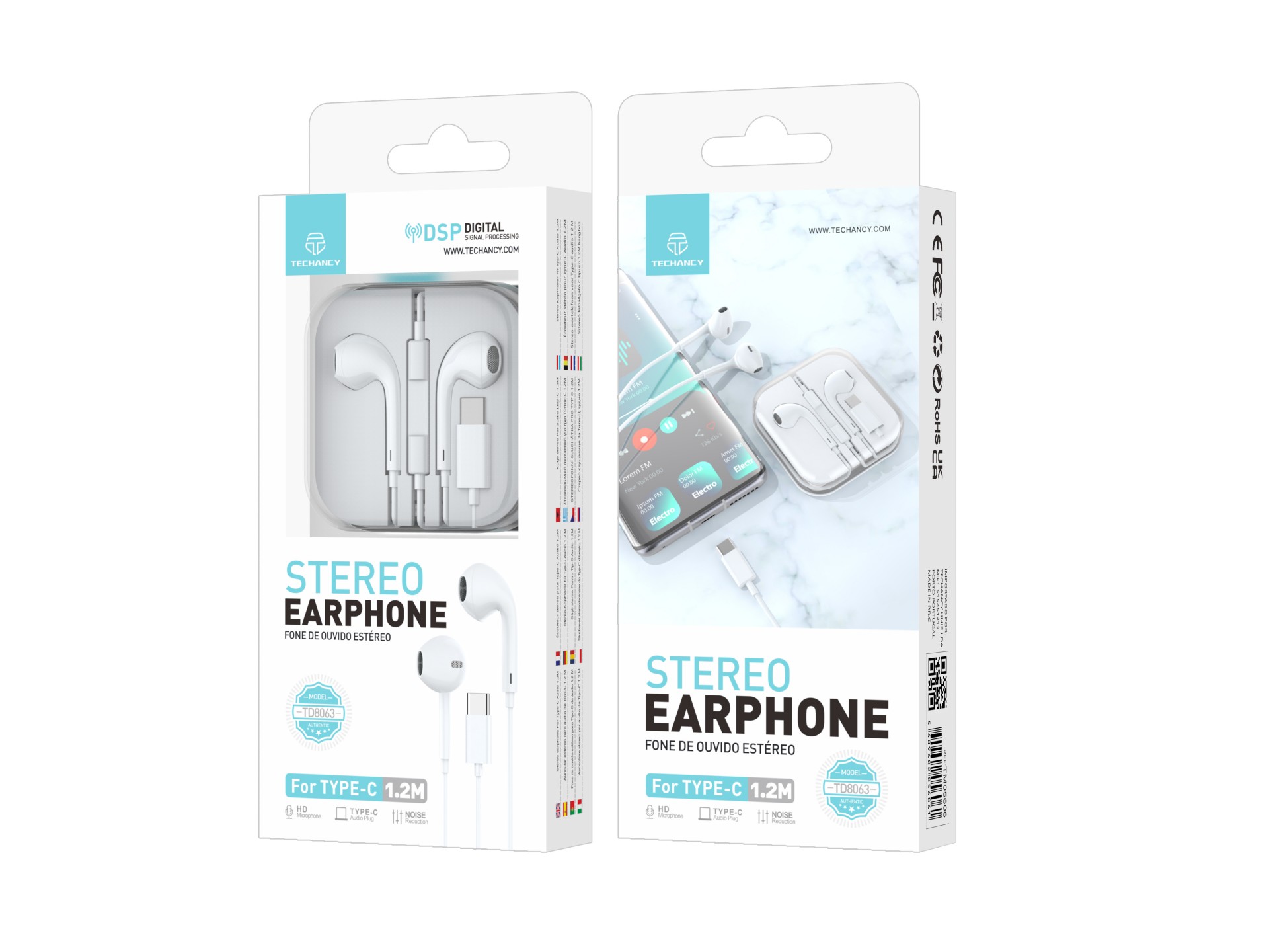 Techancy Auricular Estéreo Com Fios Branco 1,2 M TD8063, Chip Dsp Tipo C Compatível Com Samsung/Huaw
