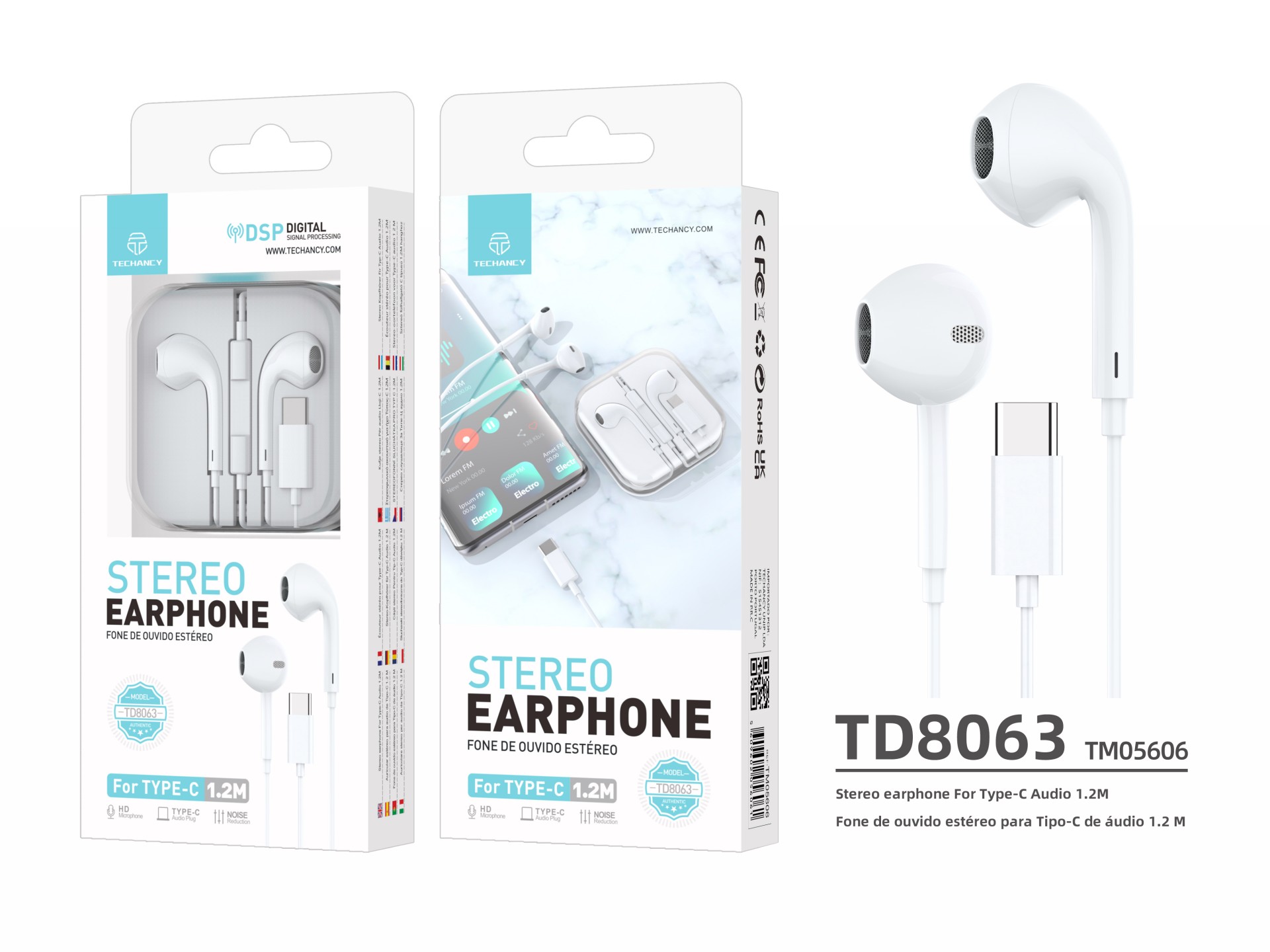 Techancy Auricular Estéreo Com Fios Branco 1,2 M TD8063, Chip Dsp Tipo C Compatível Com Samsung/Huaw