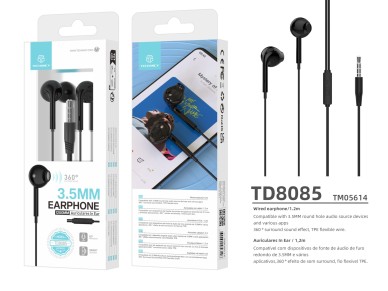 Auriculares intraaurales Techancy TD8085 negros de 1,2 m con cable y micrófono, auriculares de Auriculares intraaurales Techancy TD8085 negros de 1,2 m con cable y micrófono, auriculares de