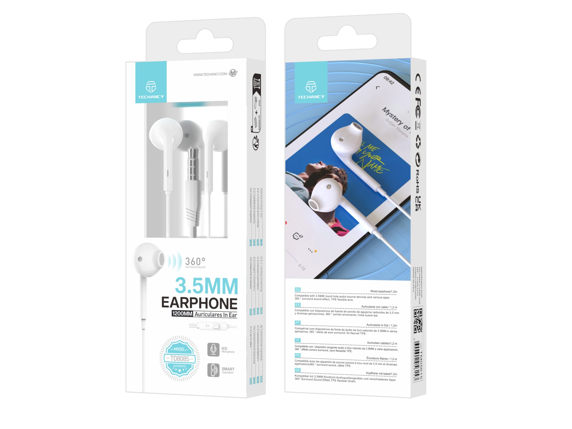 Techancy Auscultadores Intra-Auriculares Brancos 1.2m TD8085 Com Cabo E Microfone, Auscultadores Par
