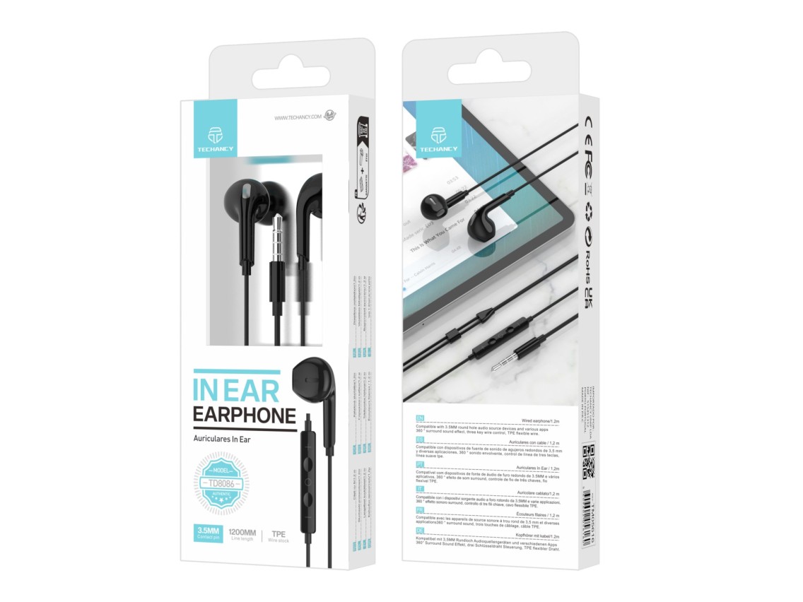 Techancy TD8086 Black In-Ear Headphones 1.2m with Cable and Microphone, 3.5mm Music Headphones
