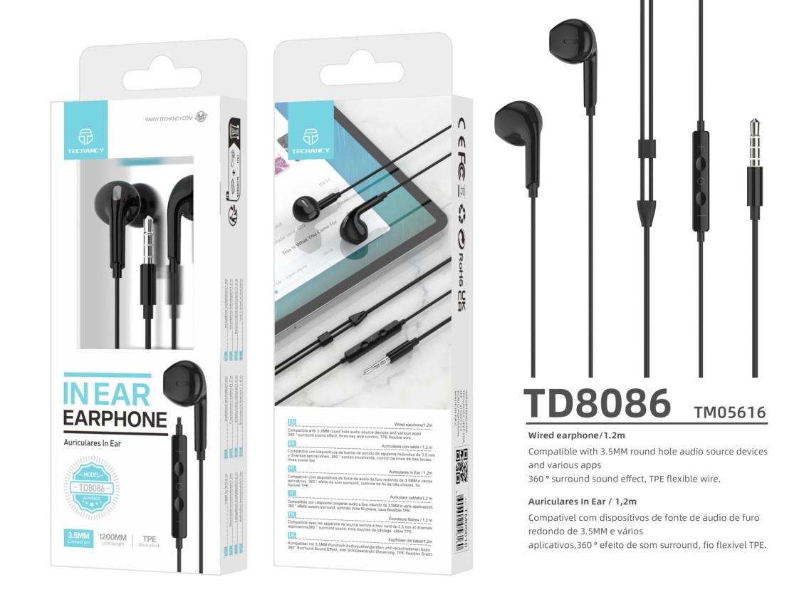 Techancy TD8086 Black In-Ear Headphones 1.2m with Cable and Microphone, 3.5mm Music Headphones
