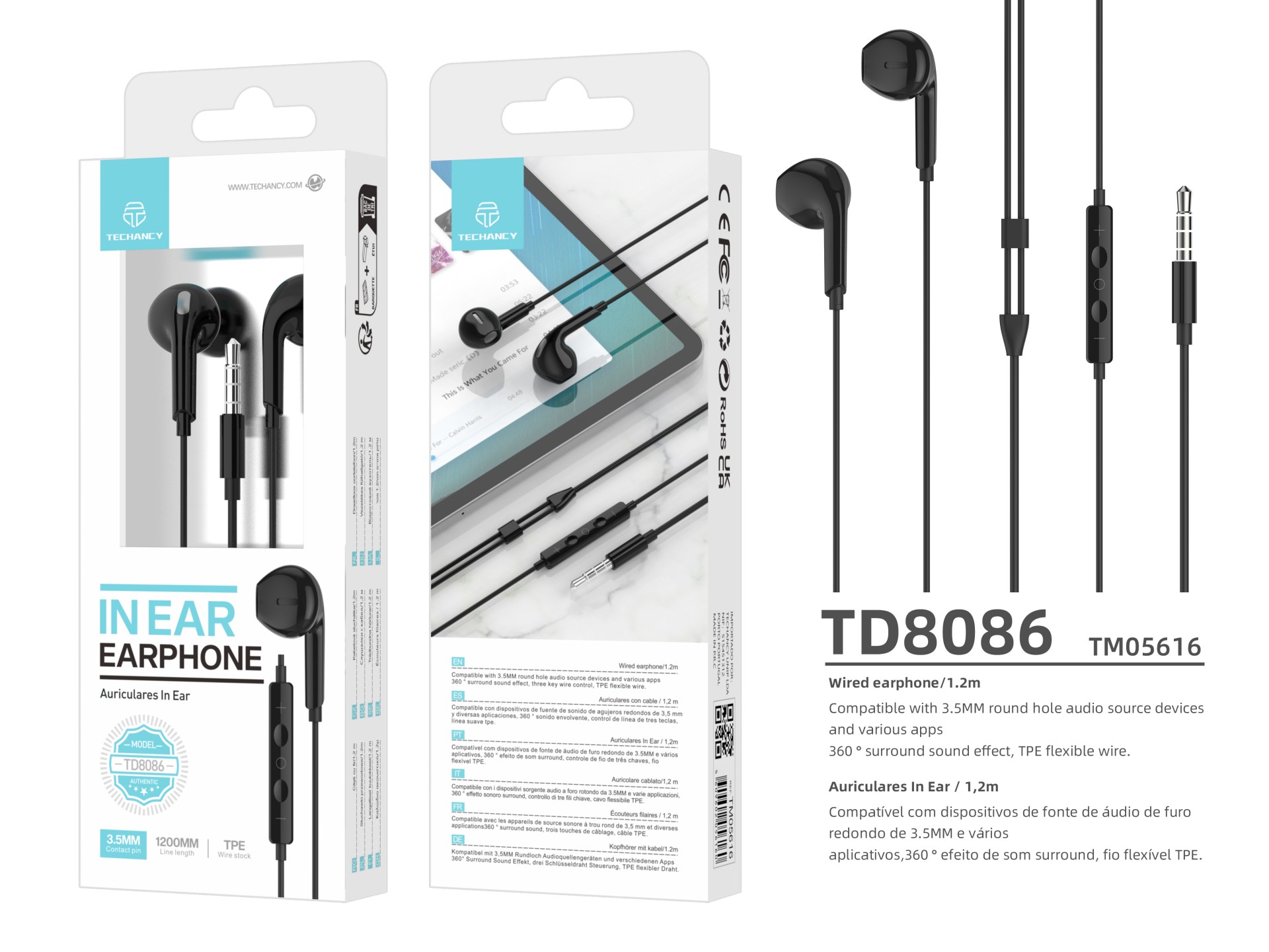 Techancy TD8086 Black In-Ear Headphones 1.2m with Cable and Microphone, 3.5mm Music Headphones
