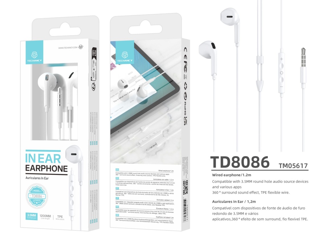 Techancy Auscultadores Intra-Auriculares Brancos 1.2m TD8086 Com Cabo E Microfone, Auscultadores Par