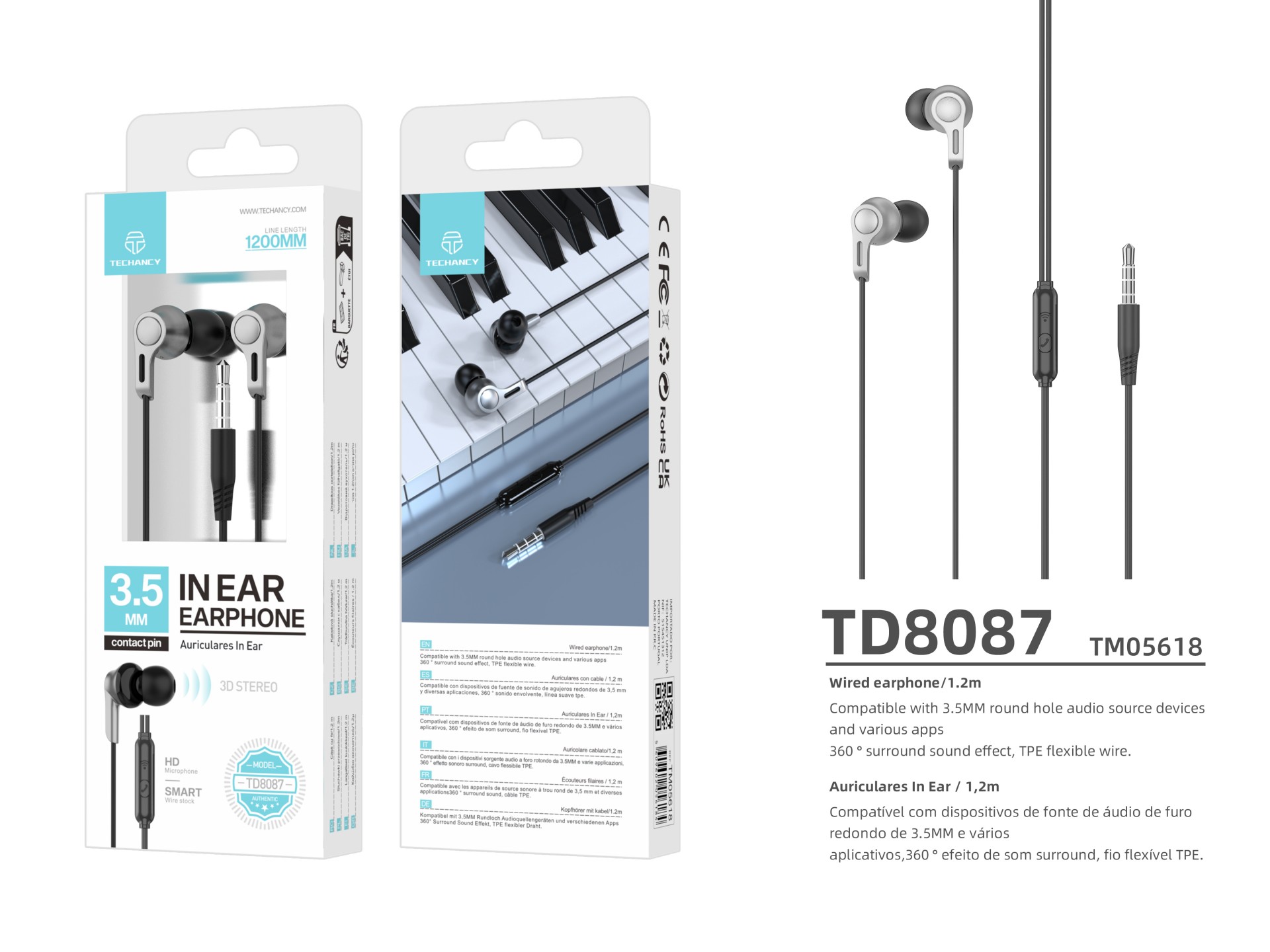 Auriculares intraaurales Techancy TD8088 negros, alcance de 1,2 metros, conector de 3,5 mm, micrófon