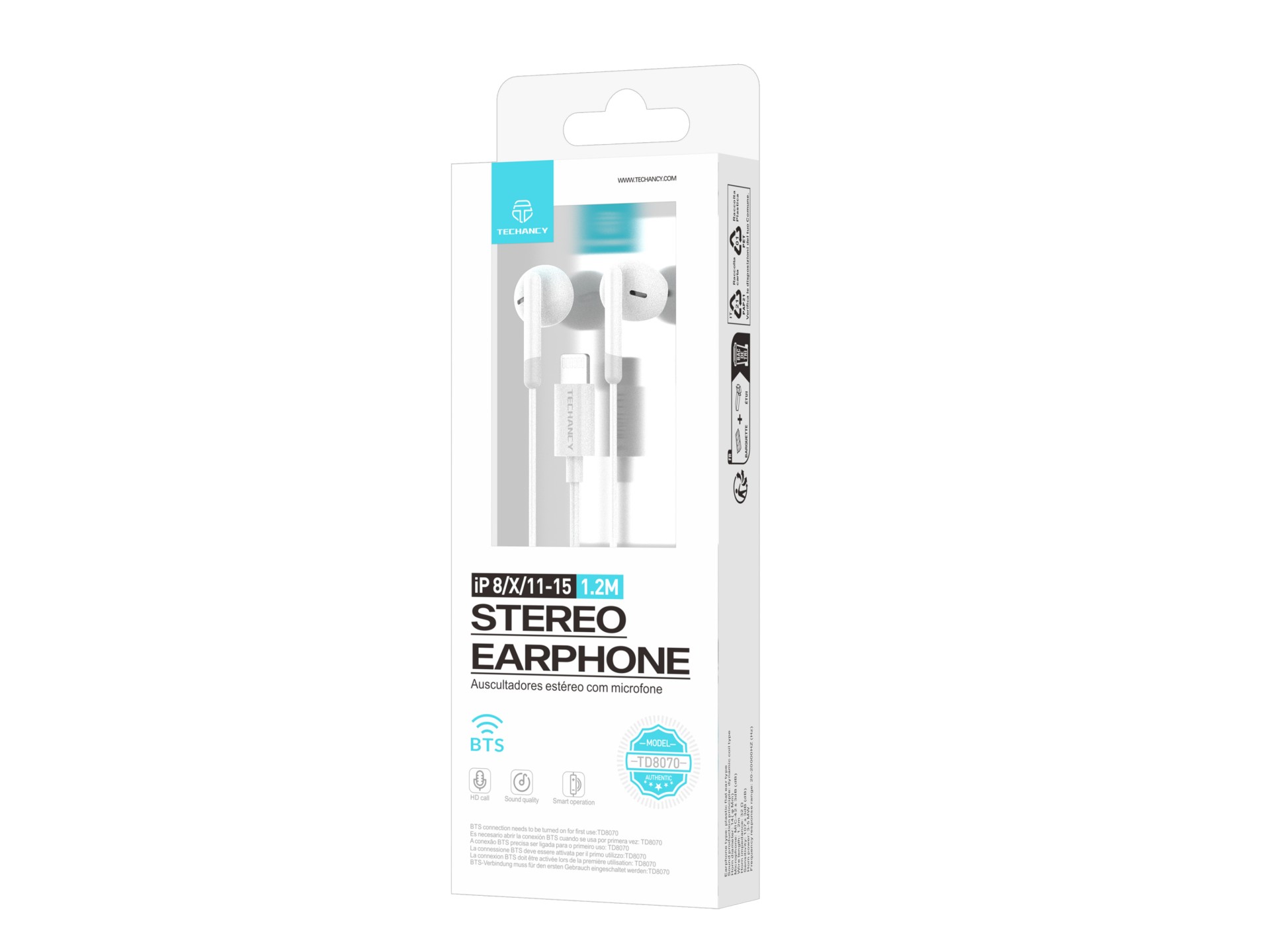 Techancy Auscultadores Estéreo Para Música TD8070 Branco, Função De Conversação, Conetor Lightning,