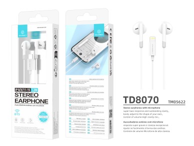 Techancy Auscultadores Est�reo Para M�sica TD8070 Branco, Fun��o De Conversa��o, Conetor Lightning, 