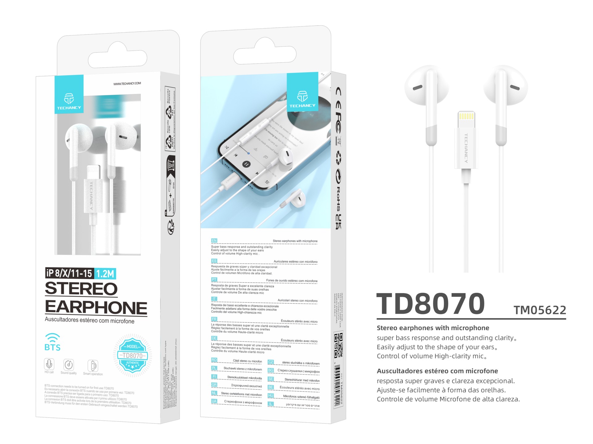 Techancy Auscultadores Estéreo Para Música TD8070 Branco, Função De Conversação, Conetor Lightning,