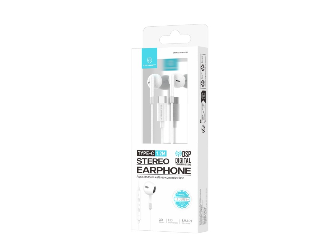 Techancy TD8089 White Stereo Music Headphones, DSP/Type-C Interface Compatible with Samsung/Huawei/X