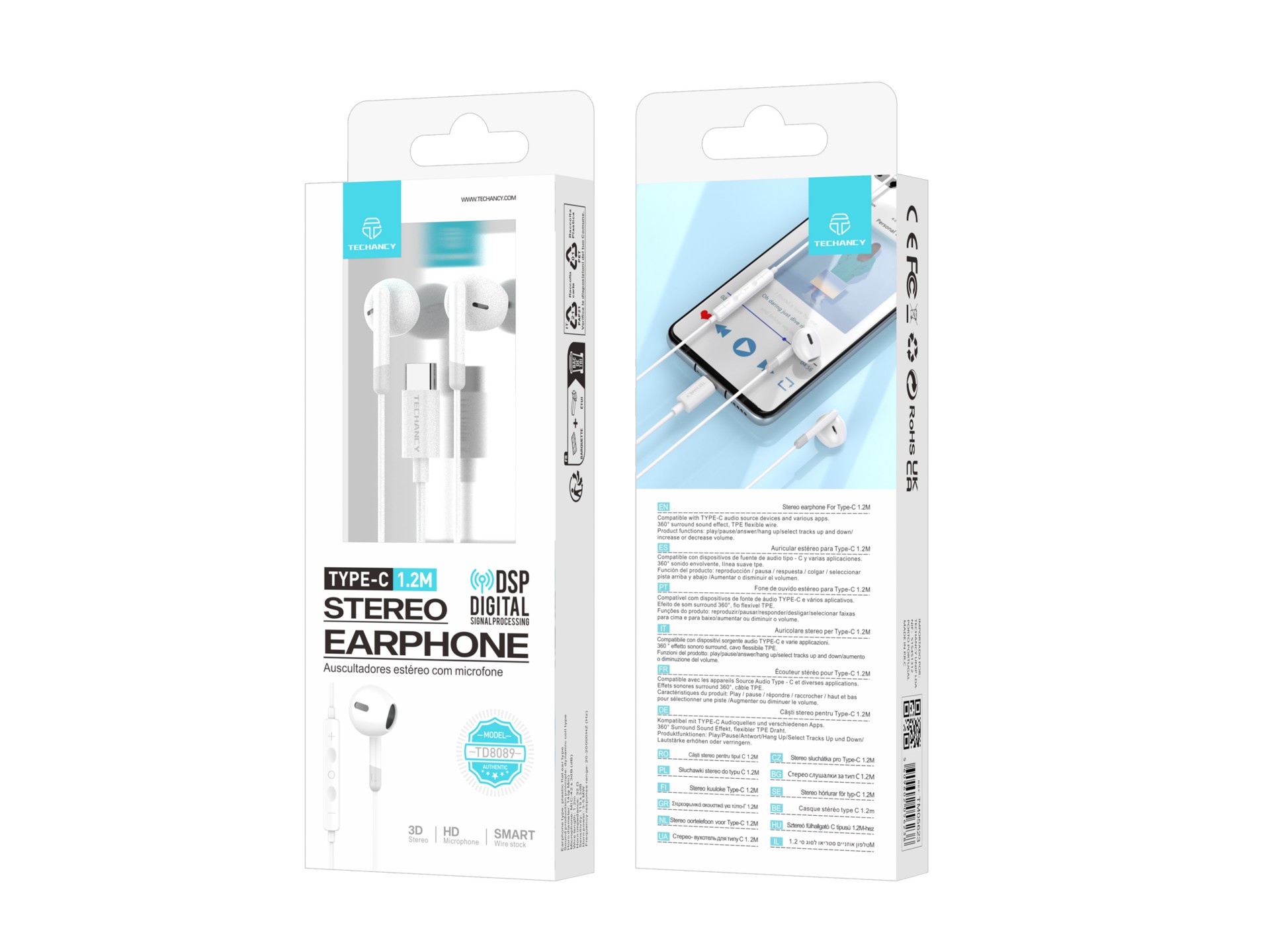 Techancy TD8089 White Stereo Music Headphones, DSP/Type-C Interface Compatible with Samsung/Huawei/X